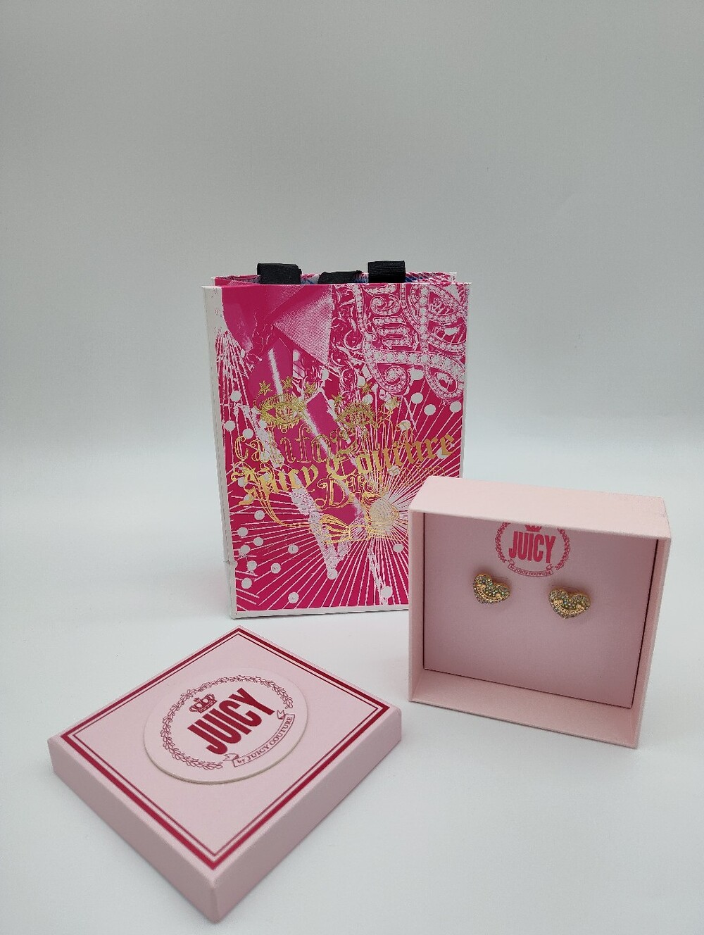 JUICY COUTURE Heart Crystal Stud Earrings Box Gift Bag Y2K Pink Gold